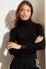 Lipsy Black Petite Knitted Roll Neck Ribbed Button Detail Long Sleeve Jumper, Petite