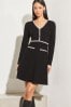 Lipsy Black Boucle Trim Tipped Knitted V Neck Long Sleeve Fit and Flare Dress, Regular