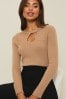 Lipsy Camel Petite Front Twist Cut Out Knitted Jumper, Petite