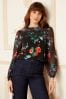 Love & Roses Black Floral Petite Long Sleeve Dobby Mix Jersey Blouse, Petite