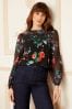 Love & Roses Black Floral Long Sleeve Dobby Mix Jersey Blouse