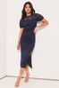 Lipsy Navy Ruched Front Lace Puff Sleeve Midi Dress, Regular