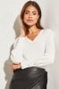 Lipsy Ivory White V Neck Scallop Detail Button Sleeve Jumper