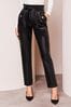 Lipsy Black Petite Faux Leather Military Button Paperbag Trousers, Petite