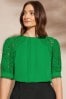 Love & Roses Green Short Sleeve Lace Trim Bow Back Blouse, Regular