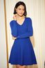 Friends Like These Cobalt Blue Long Sleeve Knitted V Neck Fit and Flare Dress, Regular