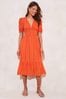 Lipsy Orange Broderie V Neck Puff Sleeve Midi Summer Dress