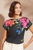 Love & Roses Black Floral Print Roll Sleeve Round Neck T-Shirt, Regular