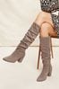 Friends Like These Neutral Regular Fit Block Mid Heeled Ruched Long Boots, Regular Fit