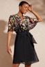 Love & Roses Black Floral Frill Neck Printed Belted Mini Dresss