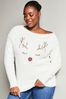 Lipsy Ivory White Reindeer Curve Cosy Christmas Festive Off The Shoulder Jumper, Curve