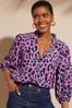 Love & Roses Purple Animal Petite Ruffle V Neck 3/4 Sleeve Button Up Blouse