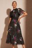 Love & Roses Black Floral Metallic Printed High Neck Flutter Sleeve Midi Dress, Regular