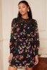 Love & Roses Black Floral Printed Long Sleeve Lace Yoke Belted Mini Dress