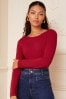 Love & Roses Red Woven Trim Boat Neck Jersey Long Sleeve Top, Regular