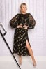 Love & Roses Black Petite Metallic Jacquard Long Sleeve Midi Dress, Petite