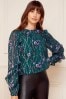 Love & Roses Teal Blue Floral Long Ruffle Sleeve High Neck Blouse