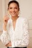 Love & Roses Ivory White Lace Long Sleeve Button Front V Neck Blouse