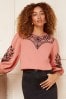 Love & Roses Pink Puff 3/4 Sleeve Applique Detail Blouse