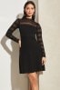 Lipsy Black Lace Fit and Flare Long Sleeve Knitted Dress, Regular