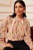 Love & Roses Pink Metallic Long Sleeve Tie Neck Shirred Cuff Blouse