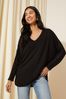 Friends Like These Black Crochet Soft Jersey V Neck Long Sleeve Tunic Top, Regular