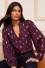 Love & Roses Berry Red Foil Ruffle V Neck Long Sleeve Blouse, Regular