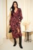 Friends Like These Red Floral V Neck Shirred Waist Long Puff Sleeve Midi Dress