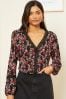 Love & Roses Black And Red Ditsy Floral Petite Jersey V Neck Long Sleeve Lace Insert Blouse, Petite
