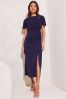 Lipsy Navy Ruched Button Front Sleeved Midi Dress, Regular