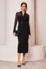 Lipsy Black Long Sleeve Hybrid Mesh Belted Midi Dress