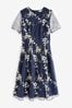 Yumi Blue Embroidered Floral Skater Dress