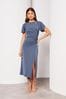 Lipsy Blue Ruched Button Front Sleeved Midi Dress