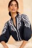 Love & Roses Navy Blue Embroidered V Neck 3/4 Sleeve Blouse, Regular