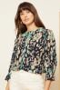 Love & Roses Navy Blue Printed Tipped 3/4 Sleeve Keyhole Blouse, Regular