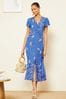 Love & Roses Blue Floral Flutter Sleeve Twist Front Midi Dress