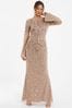 Quiz Rose Gold Sequin Mesh Long Flute Sleeve Maxi Dress