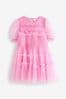 Pink Tulle Mesh Puff Sleeve Occasion Party Criminal Dress (3-16yrs)