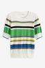 White/Bright Green Stripe Gem Embroidery Detail Short Sleeve Knit Top, Regular