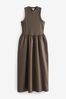 Taupe Brown Ribbed Sleeveless Vest Poplin Mix Midi Cotton Blend Dress, Regular
