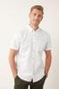 White Standard Collar Linen Blend Short Sleeve Shirt, Standard Collar