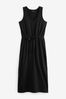 Black Sleeveless Midi V-Neck Slub Dress, Regular