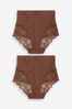 Chocolate Brown High Waist Brief Tummy Control Shaping Lace Back Brazilian Knickers 2 Pack, High Waist Brief