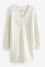 Ecru White Cable V-Neck Knit Damson Dress, Regular
