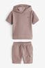 Tan Brown Short Sleeve Textured Hoodie and Shorts Set (3mths-7yrs)