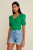 Green Broderie Sleeve Ribbed Top