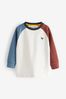 Weiß/Blau/Braun - Bequemes langärmeliges T-Shirt mit Farbblockdesign (3 Monate bis 7 Jahre)
