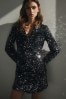 Black/Pewter Silver Premium Sequin Sparkle Blazer Mini Dress