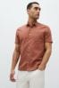 Brown Standard Collar Linen Blend Short Sleeve Shirt, Standard Collar