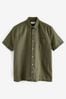 Dark Green Standard Collar Linen Blend Short Sleeve Shirt, Standard Collar